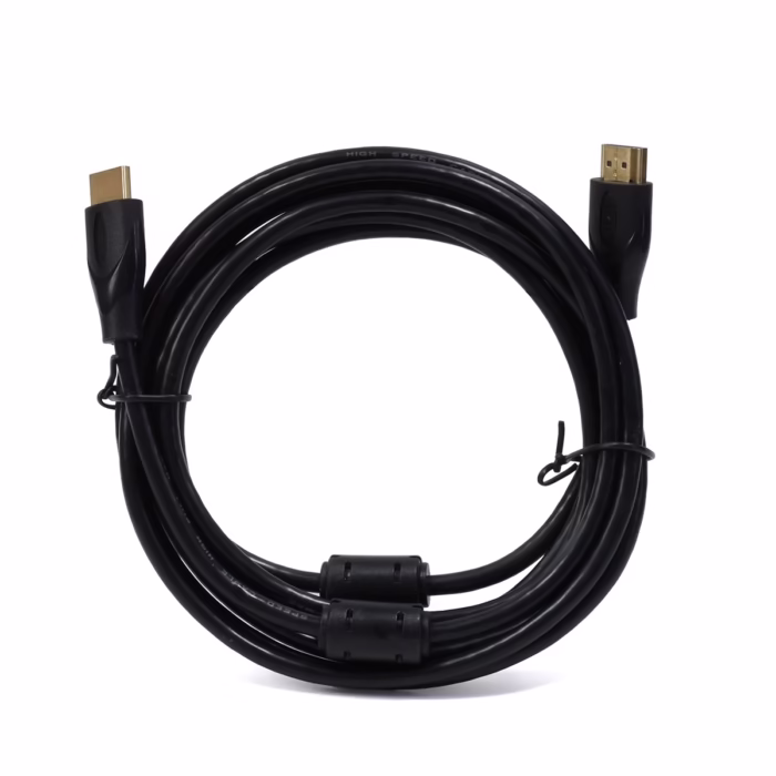 Cable HDMI Económico  Metros Full HD p High Full Max Calidad y Alcance a un Gran Precio Cable HDMI económico de  metros High Full Max de color negro mostrando sus conectores dorados y los filtros de ferrita cilíndricos para una señal limpia producto de HD Multimedia