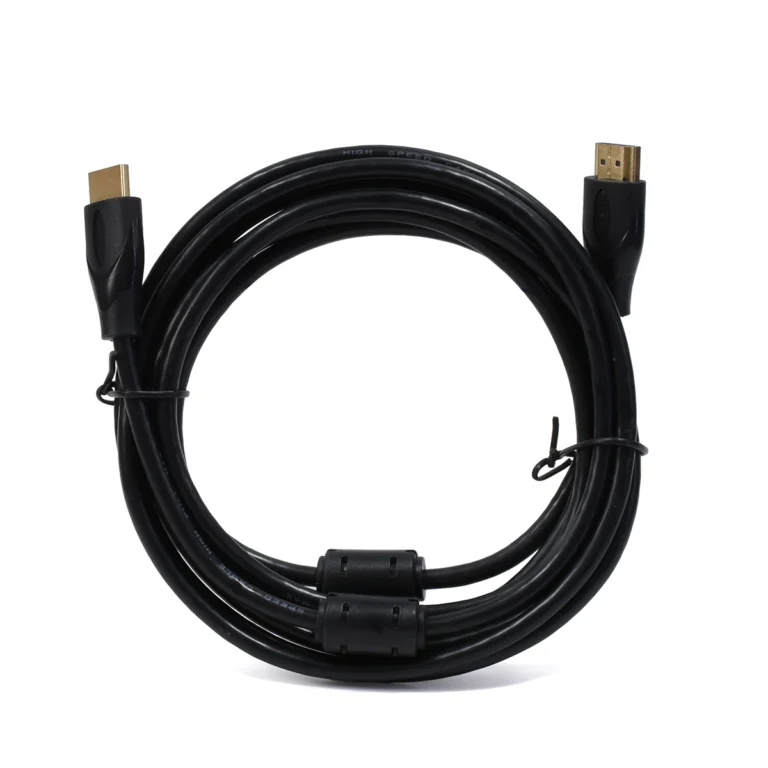 Cable HDMI Económico 3 Metros Full HD 1080p High Full Max: ¡Calidad y Alcance a un Gran Precio!, Cable HDMI económico de 3 metros High Full Max de color negro, mostrando sus conectores dorados y los filtros de ferrita cilíndricos para una señal limpia, producto de HD Multimedia.