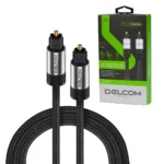 Cable de Audio Óptico Digital 2m SPDIF Delcom DL-ATS02 (Enmallado): ¡Sonido Puro y Envolvente!, Cable de audio óptico digital SPDIF enmallado Delcom DL-ATS02 de 2 metros, mostrando sus conectores Toslink con puntas doradas protegidas por sus capuchones, producto de HD Multimedia.