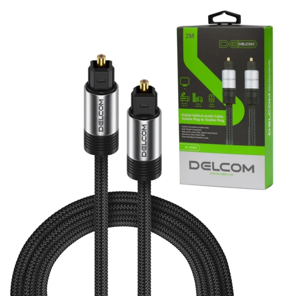 Cable de Audio Óptico Digital 2m SPDIF Delcom DL-ATS02 (Enmallado): ¡Sonido Puro y Envolvente!, Cable de audio óptico digital SPDIF enmallado Delcom DL-ATS02 de 2 metros, mostrando sus conectores Toslink con puntas doradas protegidas por sus capuchones, producto de HD Multimedia.