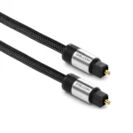 Cable de Audio Óptico Digital 2m SPDIF Delcom DL-ATS02 (Enmallado): ¡Sonido Puro y Envolvente!, Cable de audio óptico digital SPDIF enmallado Delcom DL-ATS02 de 2 metros, mostrando sus conectores Toslink con puntas doradas protegidas por sus capuchones, producto de HD Multimedia.