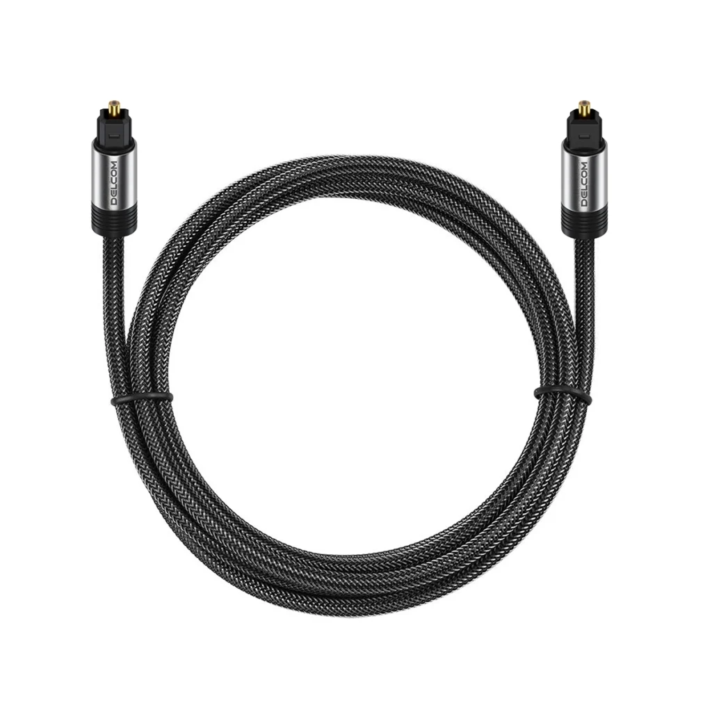 Cable de Audio Óptico Digital m SPDIF Delcom DL ATS Enmallado Sonido Puro y Envolvente Cable de audio óptico digital SPDIF enmallado Delcom DL ATS de  metros mostrando sus conectores Toslink con puntas doradas protegidas por sus capuchones producto de HD Multimedia