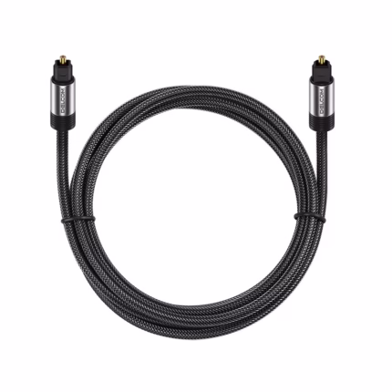 Cable de Audio Óptico Digital 2m SPDIF Delcom DL-ATS02 (Enmallado): ¡Sonido Puro y Envolvente!, Cable de audio óptico digital SPDIF enmallado Delcom DL-ATS02 de 2 metros, mostrando sus conectores Toslink con puntas doradas protegidas por sus capuchones, producto de HD Multimedia.