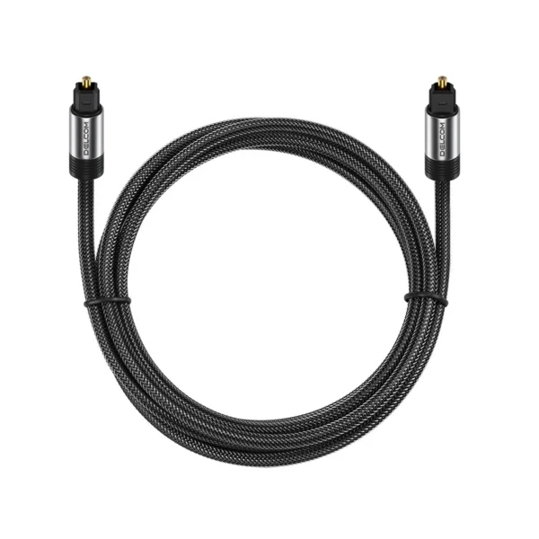 Cable de Audio Óptico Digital 2m SPDIF Delcom DL-ATS02 (Enmallado): ¡Sonido Puro y Envolvente!, Cable de audio óptico digital SPDIF enmallado Delcom DL-ATS02 de 2 metros, mostrando sus conectores Toslink con puntas doradas protegidas por sus capuchones, producto de HD Multimedia.