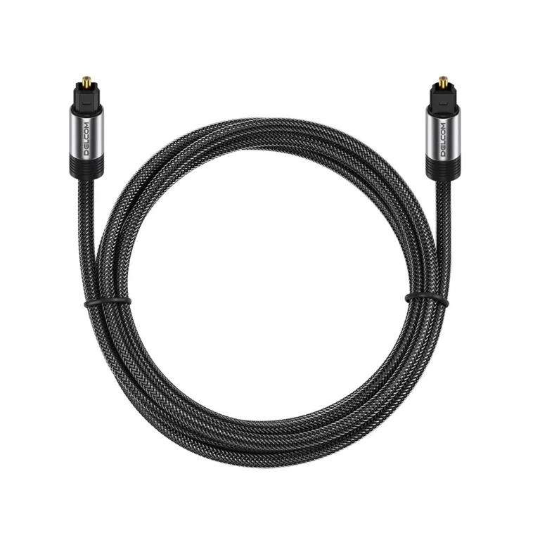 Cable de Audio Óptico Digital 2m SPDIF Delcom DL-ATS02 (Enmallado): ¡Sonido Puro y Envolvente!, Cable de audio óptico digital SPDIF enmallado Delcom DL-ATS02 de 2 metros, mostrando sus conectores Toslink con puntas doradas protegidas por sus capuchones, producto de HD Multimedia.