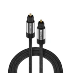 Cable de Audio Óptico Digital 2m SPDIF Delcom DL-ATS02 (Enmallado): ¡Sonido Puro y Envolvente!, Cable de audio óptico digital SPDIF enmallado Delcom DL-ATS02 de 2 metros, mostrando sus conectores Toslink con puntas doradas protegidas por sus capuchones, producto de HD Multimedia.