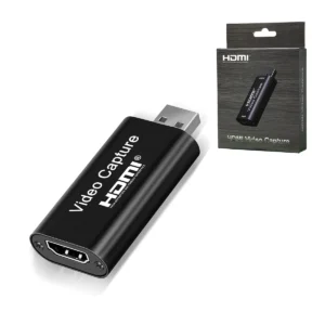 Capturadora de Video HDMI a USB 2.0 4K 1080p UVC-005/HU-03: ¡Streaming Creativo al Instante!, Pequeña capturadora de video HDMI a USB 2.0 modelo UVC-005 con carcasa de aluminio, mostrando el puerto de entrada HDMI y el conector de salida USB, producto de HD Multimedia.