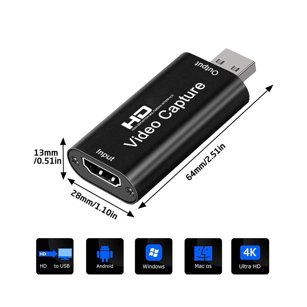 Capturadora de Video HDMI a USB 2.0 4K 1080p UVC-005/HU-03: ¡Streaming Creativo al Instante!, Pequeña capturadora de video HDMI a USB 2.0 modelo UVC-005 con carcasa de aluminio, mostrando el puerto de entrada HDMI y el conector de salida USB, producto de HD Multimedia.
