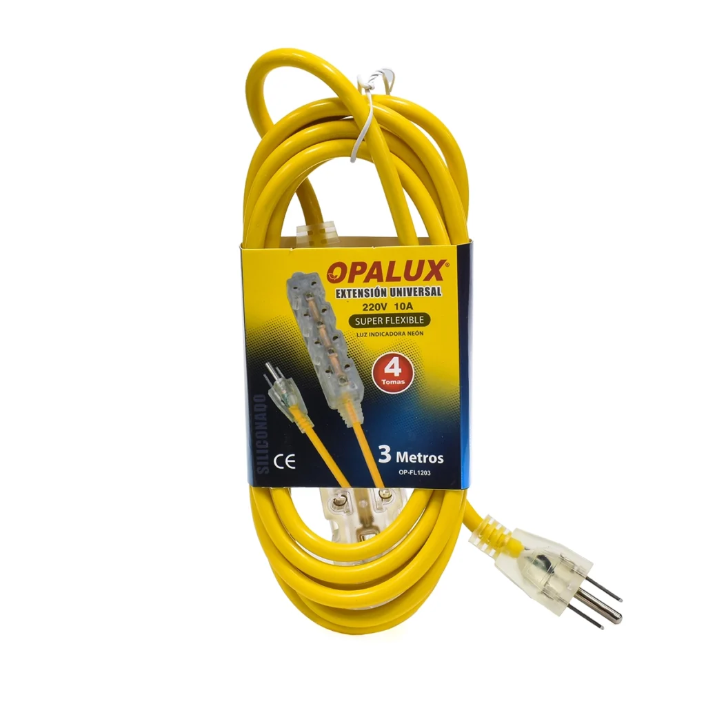 Extensión Eléctrica 3m de Alta Visibilidad Opalux OP-FL1203: ¡Cable Vulcanizado y 3 Tomas Seguras!, Extensión de Corriente de alta visibilidad Opalux OP-FL1203 de 3 metros y color amarillo, mostrando su resistente cable vulcanizado y el bloque con 3 tomas universales, producto de HD Multimedia.