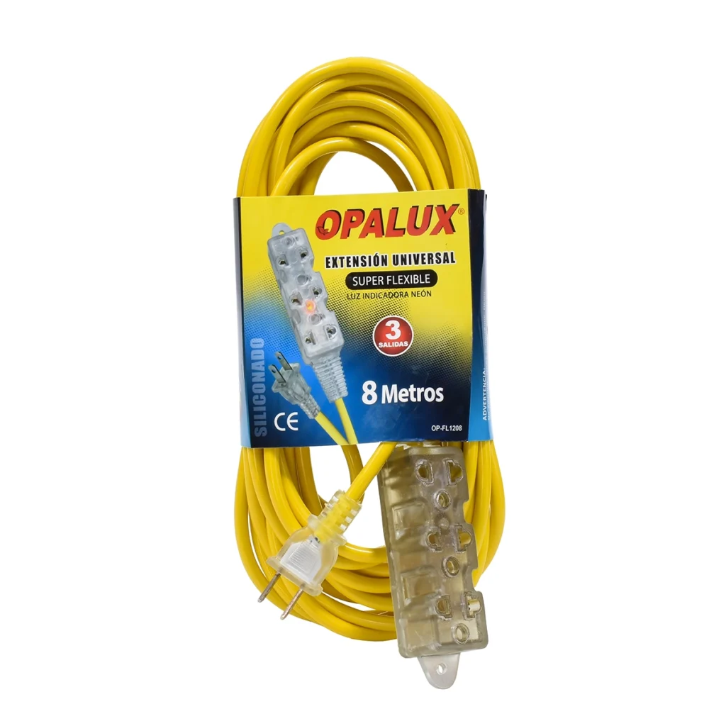 Extensión Eléctrica de 8 Metros Reforzada Opalux OP-FL1208: ¡Largo Alcance, Durabilidad y Alta Visibilidad!, Extensión eléctrica de alta visibilidad Opalux OP-FL1208 de 8 metros y color amarillo, mostrando su largo y resistente cable vulcanizado y el bloque con 3 tomas universales, producto de HD Multimedia., Extensión de Corriente 8M