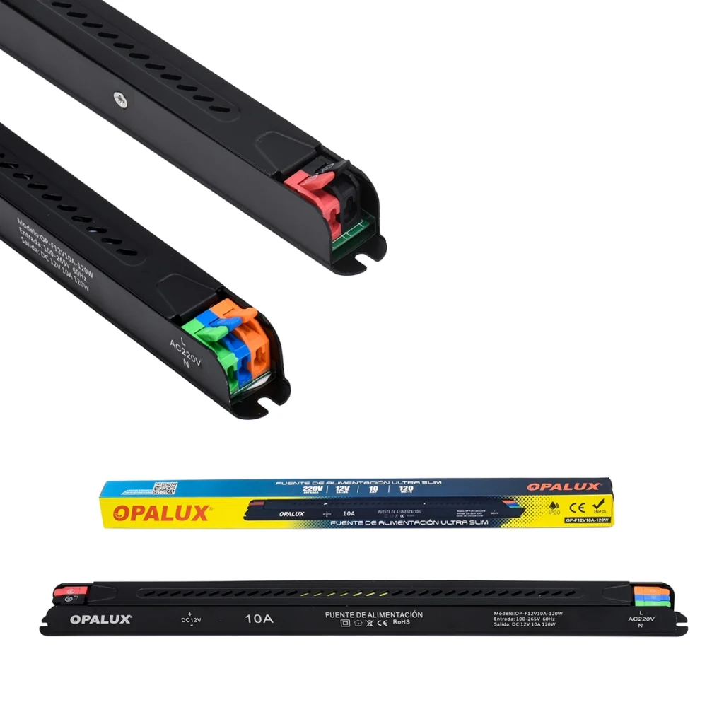 Fuente de Poder Ultra Slim 12V 10A 120W Opalux OP-F12V10A-120W: ¡Potencia y Diseño para tus Proyectos!, Fuente de poder ultra delgada Opalux OP-F12V10A-120W de 12V 10A con carcasa de aluminio, mostrando su perfil alargado y sus terminales de conexión, producto de HD Multimedia.