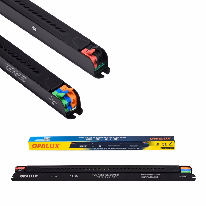 Fuente de Poder Ultra Slim 12V 10A 120W Opalux OP-F12V10A-120W: ¡Potencia y Diseño para tus Proyectos!, Fuente de poder ultra delgada Opalux OP-F12V10A-120W de 12V 10A con carcasa de aluminio, mostrando su perfil alargado y sus terminales de conexión, producto de HD Multimedia.