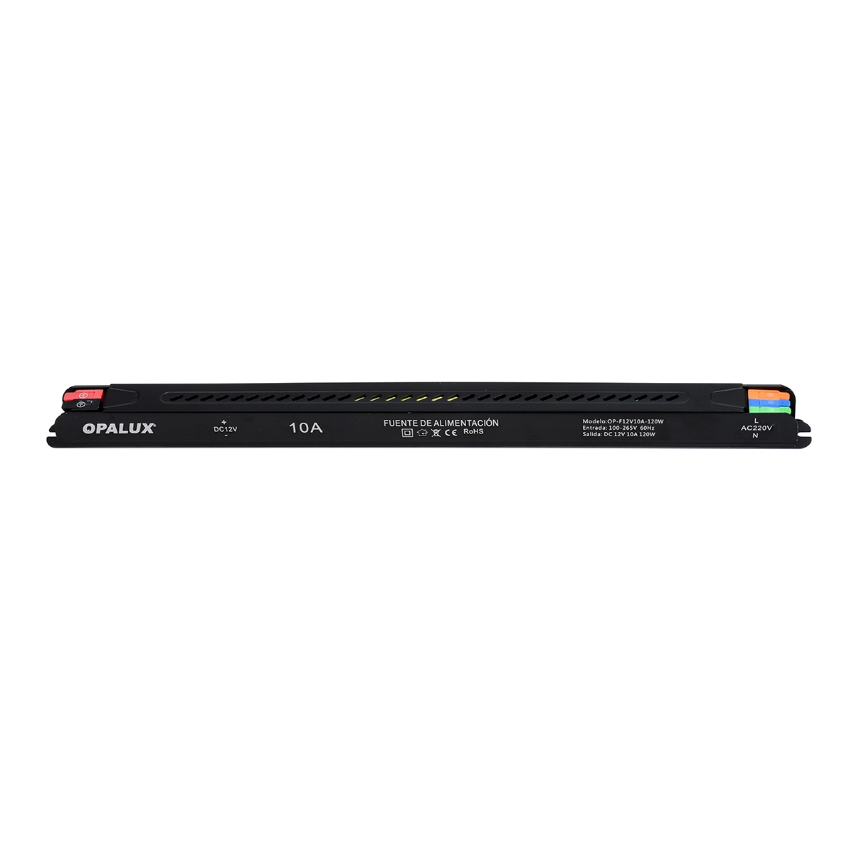 Fuente de Poder Ultra Slim 12V 10A 120W Opalux OP-F12V10A-120W: ¡Potencia y Diseño para tus Proyectos!, Fuente de poder ultra delgada Opalux OP-F12V10A-120W de 12V 10A con carcasa de aluminio, mostrando su perfil alargado y sus terminales de conexión, producto de HD Multimedia.