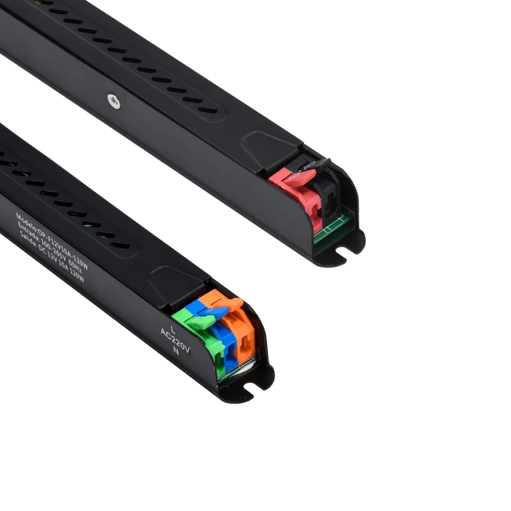 Fuente de Poder Ultra Slim V A W Opalux OP FVA W Potencia y Diseño para tus Proyectos Fuente de poder ultra delgada Opalux OP FVA W de V A con carcasa de aluminio mostrando su perfil alargado y sus terminales de conexión producto de HD Multimedia