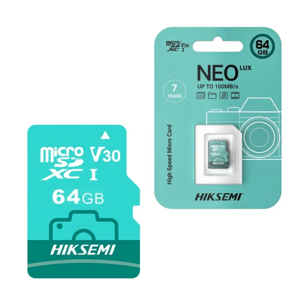 Memoria MicroSD 64GB HIKSEMI HK-HS-TF-D3-64G NEO LUX U3/V30/Class 10: ¡Graba en 4K con Confianza!, Memoria MicroSDXC de 64GB HIKSEMI NEO LUX con su adaptador SD, destacando las certificaciones de velocidad V30, U3 y Class 10, producto de HD Multimedia.