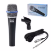 Micrófono Dinámico Profesional EALSEM ES BETAA Claridad y Resistencia para Voces e Instrumentos Kit de micrófono dinámico profesional EALSEM ES BETAA de color gris mostrando el micrófono el cable XLR a Plug de  metros el clip para parante y la funda protectora producto de HD Multimedia