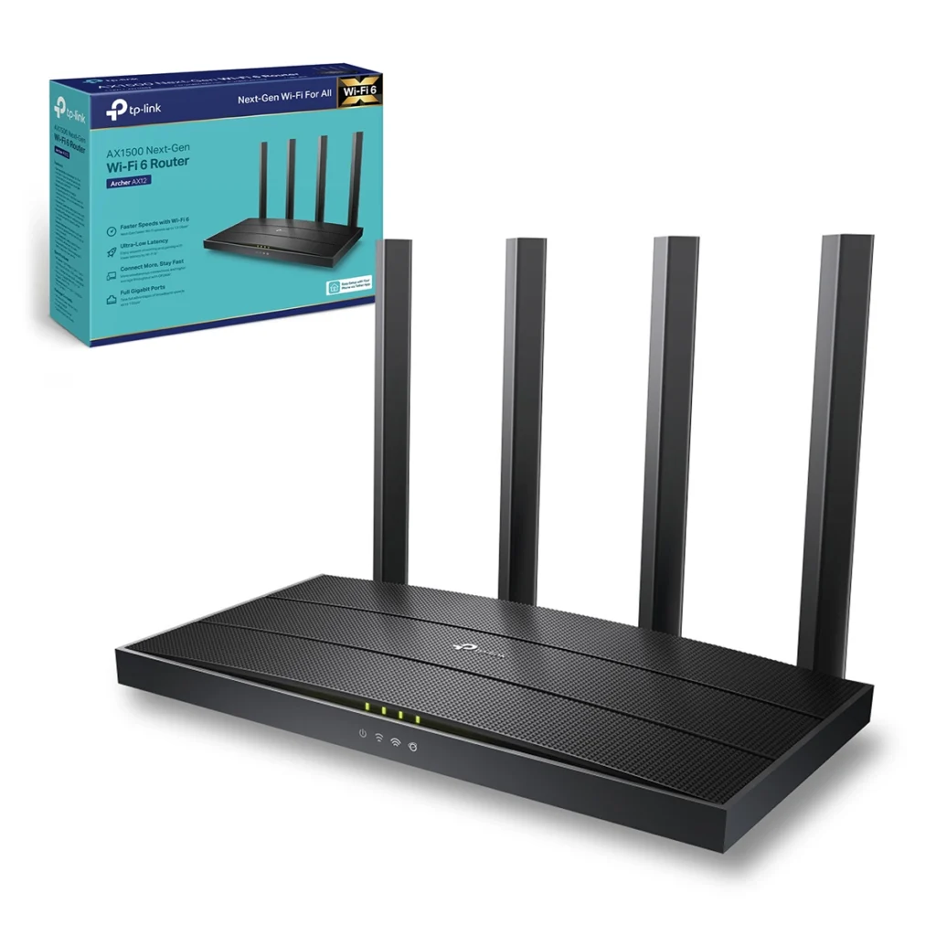 Router Wi-Fi 6 AX1500 Gigabit TP-Link Archer AX12: ¡La Nueva Generación de Wi-Fi para tu Hogar!, Router Wi-Fi 6 TP-Link Archer AX12 de color negro con sus cuatro antenas desplegadas, un dispositivo de red de alta velocidad para el hogar de HD Multimedia.