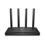 Router Wi-Fi 6 AX1500 Gigabit TP-Link Archer AX12: ¡La Nueva Generación de Wi-Fi para tu Hogar!, Router Wi-Fi 6 TP-Link Archer AX12 de color negro con sus cuatro antenas desplegadas, un dispositivo de red de alta velocidad para el hogar de HD Multimedia.