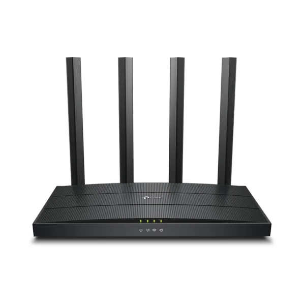 Router Wi-Fi 6 AX1500 Gigabit TP-Link Archer AX12: ¡La Nueva Generación de Wi-Fi para tu Hogar!, Router Wi-Fi 6 TP-Link Archer AX12 de color negro con sus cuatro antenas desplegadas, un dispositivo de red de alta velocidad para el hogar de HD Multimedia.