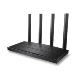Router Wi-Fi 6 AX1500 Gigabit TP-Link Archer AX12: ¡La Nueva Generación de Wi-Fi para tu Hogar!, Router Wi-Fi 6 TP-Link Archer AX12 de color negro con sus cuatro antenas desplegadas, un dispositivo de red de alta velocidad para el hogar de HD Multimedia.