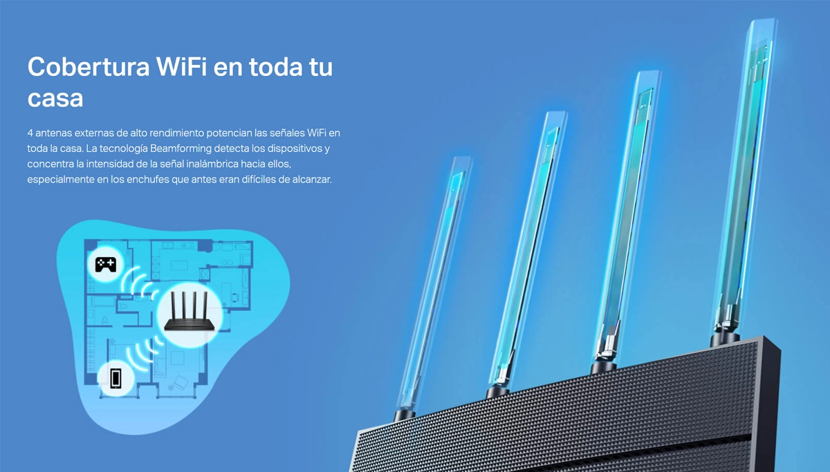 Router Wi-Fi 6 AX1500 Gigabit TP-Link Archer AX12: ¡La Nueva Generación de Wi-Fi para tu Hogar!, Router Wi-Fi 6 TP-Link Archer AX12 de color negro con sus cuatro antenas desplegadas, un dispositivo de red de alta velocidad para el hogar de HD Multimedia.