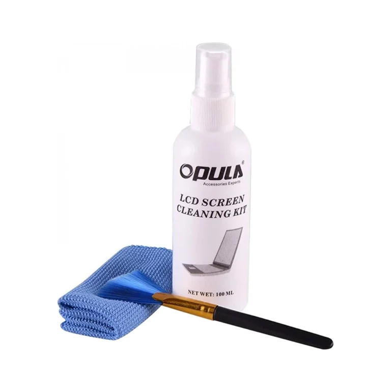 Set de Limpieza para Monitores y Pantallas OPULA KCL-1029: ¡Visión Impecable y Sin Manchas!, Set de limpieza 3-en-1 OPULA KCL-1029 mostrando el frasco de líquido limpiador con atomizador, el paño de microfibra azul y la brocha de limpieza, producto de HD Multimedia.