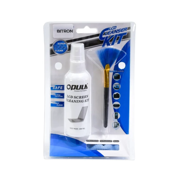 Set de Limpieza para Monitores y Pantallas OPULA KCL-1029: ¡Visión Impecable y Sin Manchas!, Set de limpieza 3-en-1 OPULA KCL-1029 mostrando el frasco de líquido limpiador con atomizador, el paño de microfibra azul y la brocha de limpieza, producto de HD Multimedia.