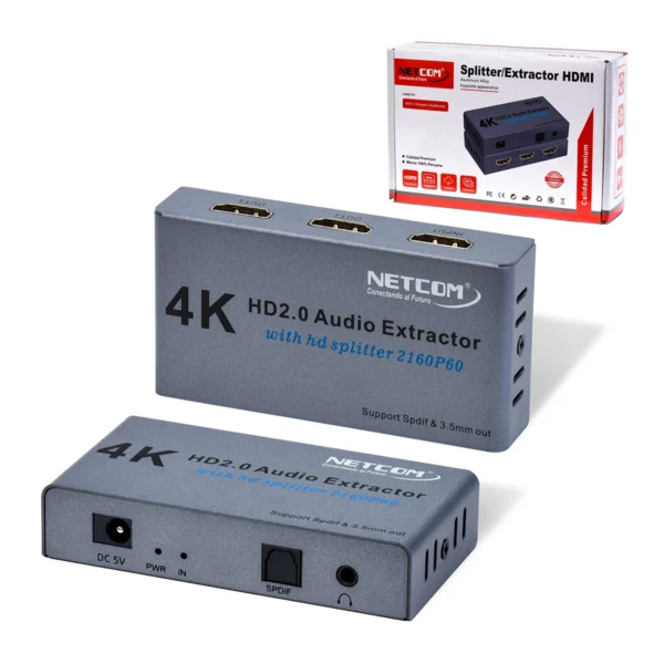 Splitter HDMI 1x2 4K@60Hz con Extractor de Audio NETCOM PE-EL0319: ¡Duplica y Extrae!, Splitter HDMI 1x2 con extractor de audio NETCOM PE-EL0319 de metal negro, mostrando su puerto de entrada HDMI y sus salidas HDMI, óptica y 3.5mm, producto de HD Multimedia.