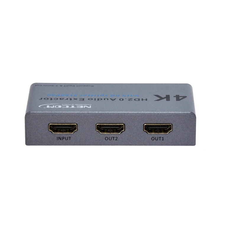 Splitter HDMI 1x2 4K@60Hz con Extractor de Audio NETCOM PE-EL0319: ¡Duplica y Extrae!, Splitter HDMI 1x2 con extractor de audio NETCOM PE-EL0319 de metal negro, mostrando su puerto de entrada HDMI y sus salidas HDMI, óptica y 3.5mm, producto de HD Multimedia.