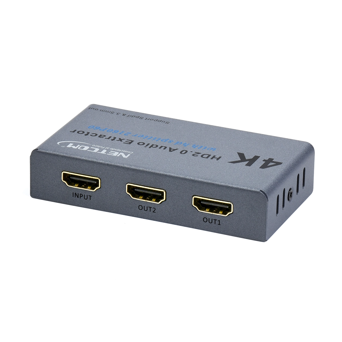 Splitter HDMI 1x2 4K@60Hz con Extractor de Audio NETCOM PE-EL0319: ¡Duplica y Extrae!, Splitter HDMI 1x2 con extractor de audio NETCOM PE-EL0319 de metal negro, mostrando su puerto de entrada HDMI y sus salidas HDMI, óptica y 3.5mm, producto de HD Multimedia.