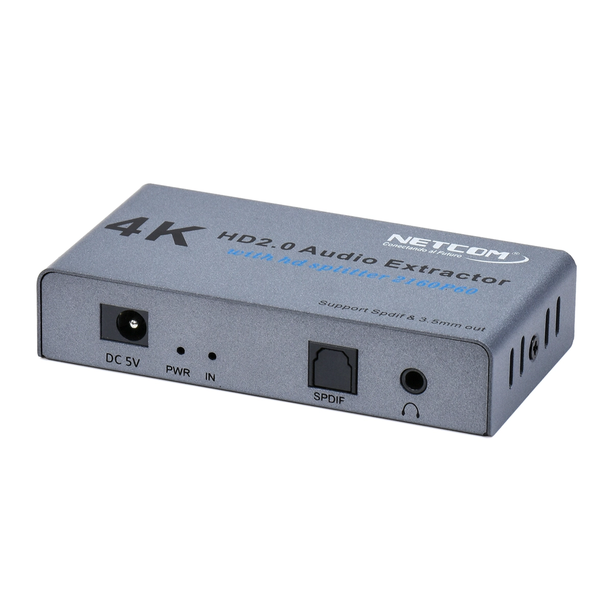 Splitter HDMI 1x2 4K@60Hz con Extractor de Audio NETCOM PE-EL0319: ¡Duplica y Extrae!, Splitter HDMI 1x2 con extractor de audio NETCOM PE-EL0319 de metal negro, mostrando su puerto de entrada HDMI y sus salidas HDMI, óptica y 3.5mm, producto de HD Multimedia.