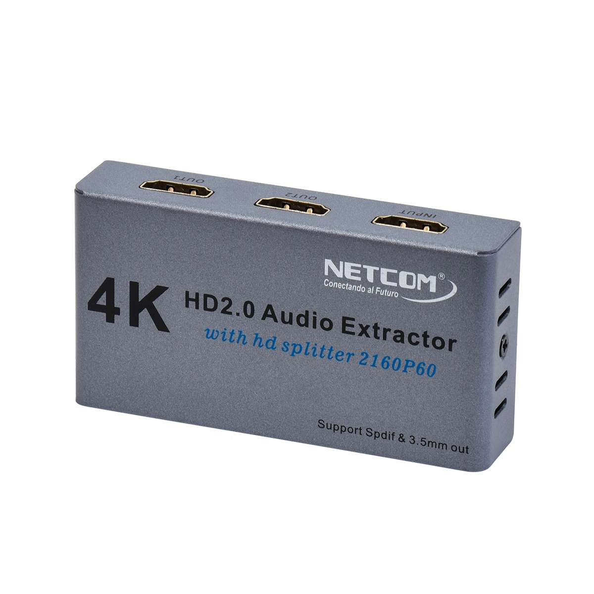 Splitter HDMI 1x2 4K@60Hz con Extractor de Audio NETCOM PE-EL0319: ¡Duplica y Extrae!, Splitter HDMI 1x2 con extractor de audio NETCOM PE-EL0319 de metal negro, mostrando su puerto de entrada HDMI y sus salidas HDMI, óptica y 3.5mm, producto de HD Multimedia.