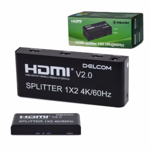 Splitter HDMI 1x2 4K@60Hz v2.0 600Mhz Delcom DL-SPL4K02: ¡Duplica tu Señal 4K en 2 Pantallas!, Splitter HDMI 1x2 Delcom DL-SPL4K02 de metal color negro, mostrando su puerto de entrada único y sus dos puertos de salida HDMI para duplicar la señal, producto de HD Multimedia.