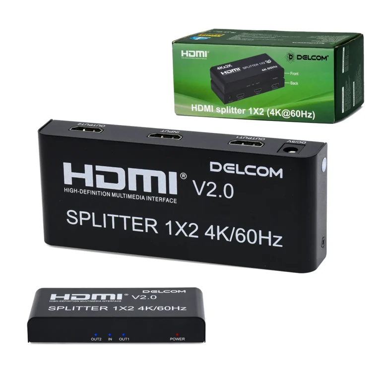 Splitter HDMI 1x2 4K@60Hz v2.0 600Mhz Delcom DL-SPL4K02: ¡Duplica tu Señal 4K en 2 Pantallas!, Splitter HDMI 1x2 Delcom DL-SPL4K02 de metal color negro, mostrando su puerto de entrada único y sus dos puertos de salida HDMI para duplicar la señal, producto de HD Multimedia.