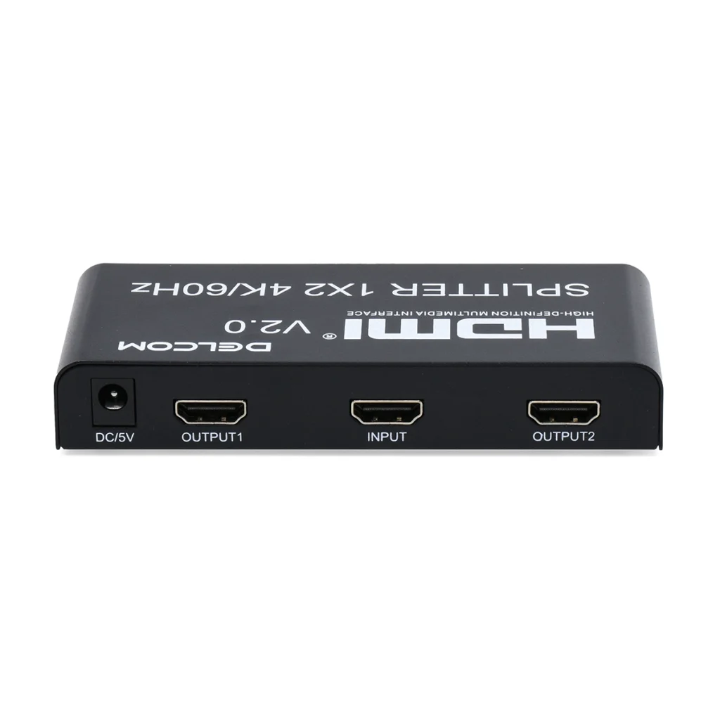 Splitter HDMI x KHz v Mhz Delcom DL SPLK Duplica tu Señal K en  Pantallas Splitter HDMI x Delcom DL SPLK de metal color negro mostrando su puerto de entrada único y sus dos puertos de salida HDMI para duplicar la señal producto de HD Multimedia