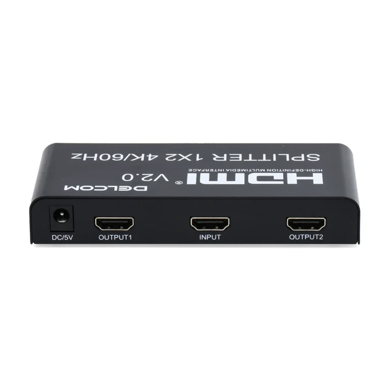 Splitter HDMI 1x2 4K@60Hz v2.0 600Mhz Delcom DL-SPL4K02: ¡Duplica tu Señal 4K en 2 Pantallas!, Splitter HDMI 1x2 Delcom DL-SPL4K02 de metal color negro, mostrando su puerto de entrada único y sus dos puertos de salida HDMI para duplicar la señal, producto de HD Multimedia.