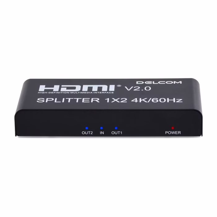 Splitter HDMI x KHz v Mhz Delcom DL SPLK Duplica tu Señal K en  Pantallas Splitter HDMI x Delcom DL SPLK de metal color negro mostrando su puerto de entrada único y sus dos puertos de salida HDMI para duplicar la señal producto de HD Multimedia