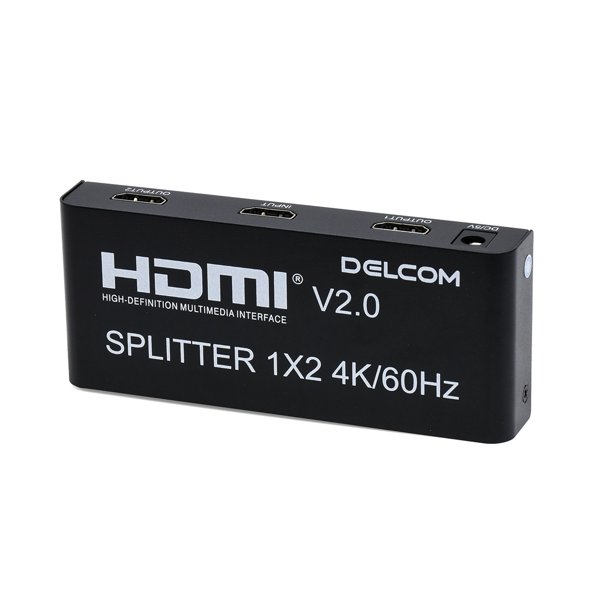 Splitter HDMI 1x2 4K@60Hz v2.0 600Mhz Delcom DL-SPL4K02: ¡Duplica tu Señal 4K en 2 Pantallas!, Splitter HDMI 1x2 Delcom DL-SPL4K02 de metal color negro, mostrando su puerto de entrada único y sus dos puertos de salida HDMI para duplicar la señal, producto de HD Multimedia.