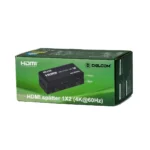 Splitter HDMI 1x2 4K@60Hz v2.0 600Mhz Delcom DL-SPL4K02: ¡Duplica tu Señal 4K en 2 Pantallas!, Splitter HDMI 1x2 Delcom DL-SPL4K02 de metal color negro, mostrando su puerto de entrada único y sus dos puertos de salida HDMI para duplicar la señal, producto de HD Multimedia.