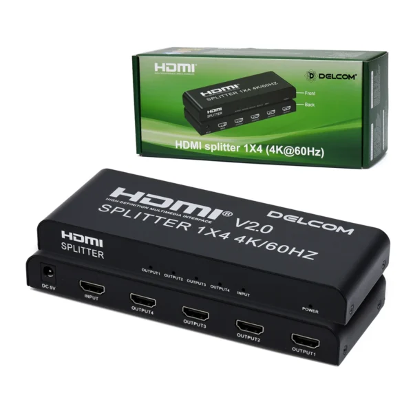 Splitter HDMI 1x4 4K@60Hz v2.0 Delcom DL-SPL4K04: ¡Una Señal, Cuatro Pantallas en Simultáneo!, Splitter HDMI 1x4 Delcom DL-SPL4K04 de metal color negro, mostrando su puerto de entrada único y sus cuatro puertos de salida HDMI, producto de HD Multimedia.