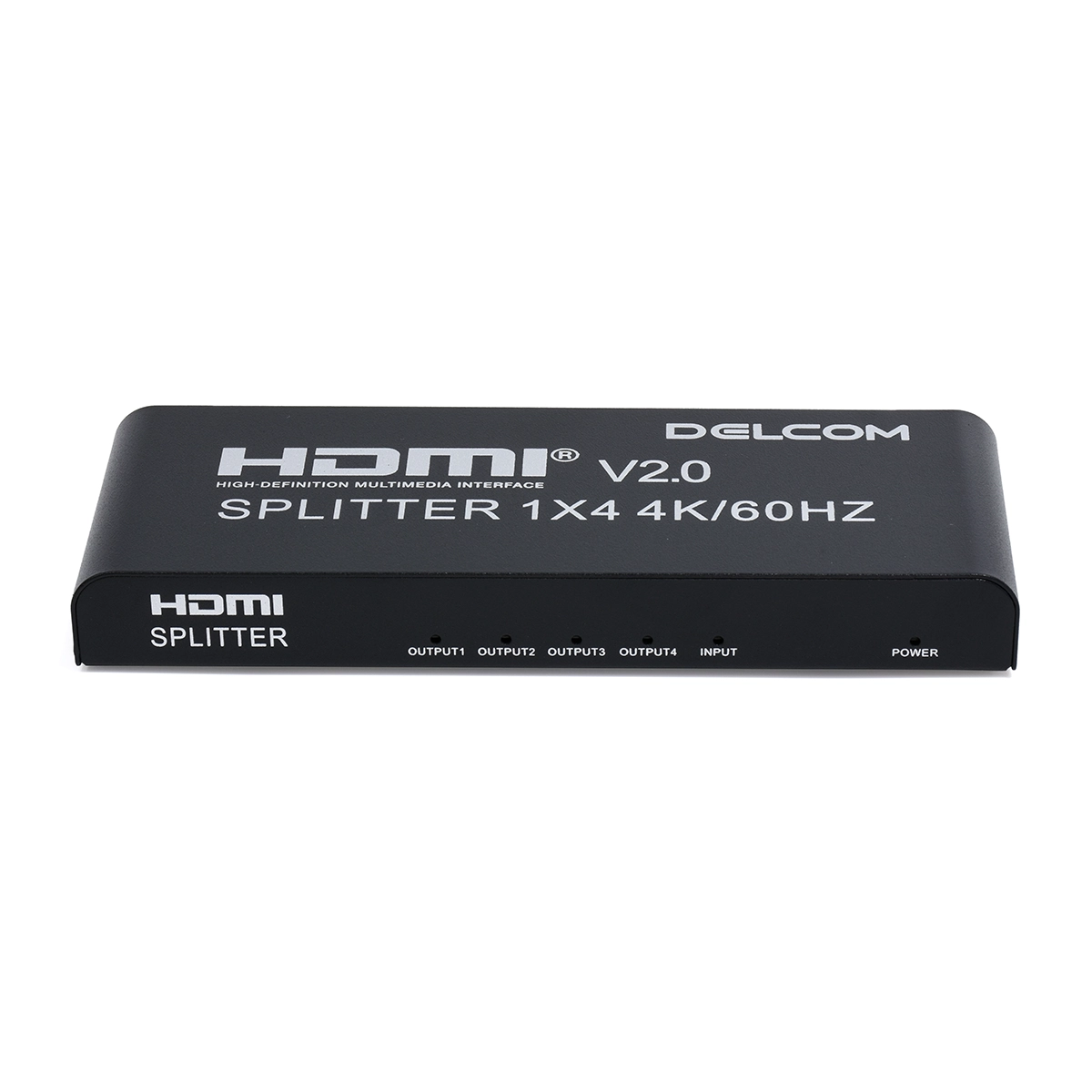 Splitter HDMI 1x4 4K@60Hz v2.0 Delcom DL-SPL4K04: ¡Una Señal, Cuatro Pantallas en Simultáneo!, Splitter HDMI 1x4 Delcom DL-SPL4K04 de metal color negro, mostrando su puerto de entrada único y sus cuatro puertos de salida HDMI, producto de HD Multimedia.