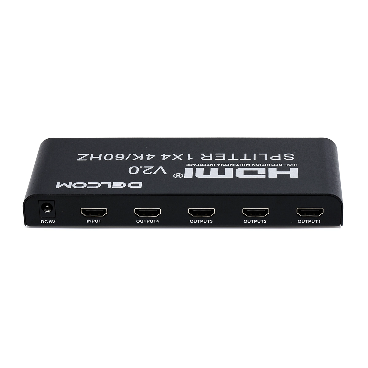 Splitter HDMI 1x4 4K@60Hz v2.0 Delcom DL-SPL4K04: ¡Una Señal, Cuatro Pantallas en Simultáneo!, Splitter HDMI 1x4 Delcom DL-SPL4K04 de metal color negro, mostrando su puerto de entrada único y sus cuatro puertos de salida HDMI, producto de HD Multimedia.