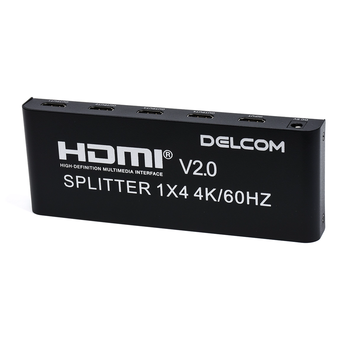 Splitter HDMI 1x4 4K@60Hz v2.0 Delcom DL-SPL4K04: ¡Una Señal, Cuatro Pantallas en Simultáneo!, Splitter HDMI 1x4 Delcom DL-SPL4K04 de metal color negro, mostrando su puerto de entrada único y sus cuatro puertos de salida HDMI, producto de HD Multimedia.