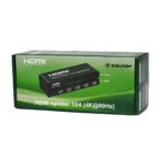 Splitter HDMI 1x4 4K@60Hz v2.0 Delcom DL-SPL4K04: ¡Una Señal, Cuatro Pantallas en Simultáneo!, Splitter HDMI 1x4 Delcom DL-SPL4K04 de metal color negro, mostrando su puerto de entrada único y sus cuatro puertos de salida HDMI, producto de HD Multimedia.