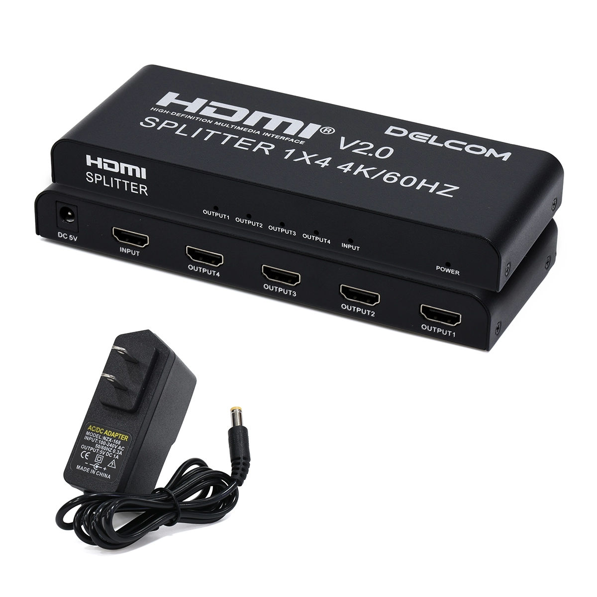 Splitter HDMI 1x4 4K@60Hz v2.0 Delcom DL-SPL4K04: ¡Una Señal, Cuatro Pantallas en Simultáneo!, Splitter HDMI 1x4 Delcom DL-SPL4K04 de metal color negro, mostrando su puerto de entrada único y sus cuatro puertos de salida HDMI, producto de HD Multimedia.