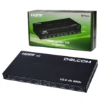 Splitter HDMI 1x8 4K 60Hz v2.0 Delcom DL-SPL4K08: ¡Distribuye tu Señal 4K a 8 Pantallas!, Splitter HDMI profesional 1x8 Delcom DL-SPL4K08 de metal color negro, mostrando su puerto de entrada HDMI y sus ocho puertos de salida HDMI para distribución masiva de video 4K, producto de HD Multimedia.