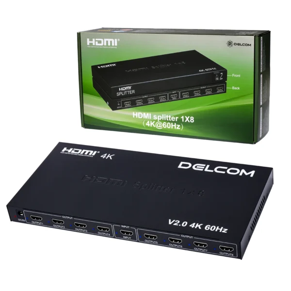 Splitter HDMI 1x8 4K 60Hz v2.0 Delcom DL-SPL4K08: ¡Distribuye tu Señal 4K a 8 Pantallas!, Splitter HDMI profesional 1x8 Delcom DL-SPL4K08 de metal color negro, mostrando su puerto de entrada HDMI y sus ocho puertos de salida HDMI para distribución masiva de video 4K, producto de HD Multimedia.