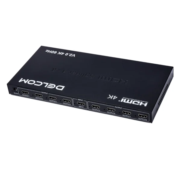 Splitter HDMI 1x8 4K 60Hz v2.0 Delcom DL-SPL4K08: ¡Distribuye tu Señal 4K a 8 Pantallas!, Splitter HDMI profesional 1x8 Delcom DL-SPL4K08 de metal color negro, mostrando su puerto de entrada HDMI y sus ocho puertos de salida HDMI para distribución masiva de video 4K, producto de HD Multimedia.