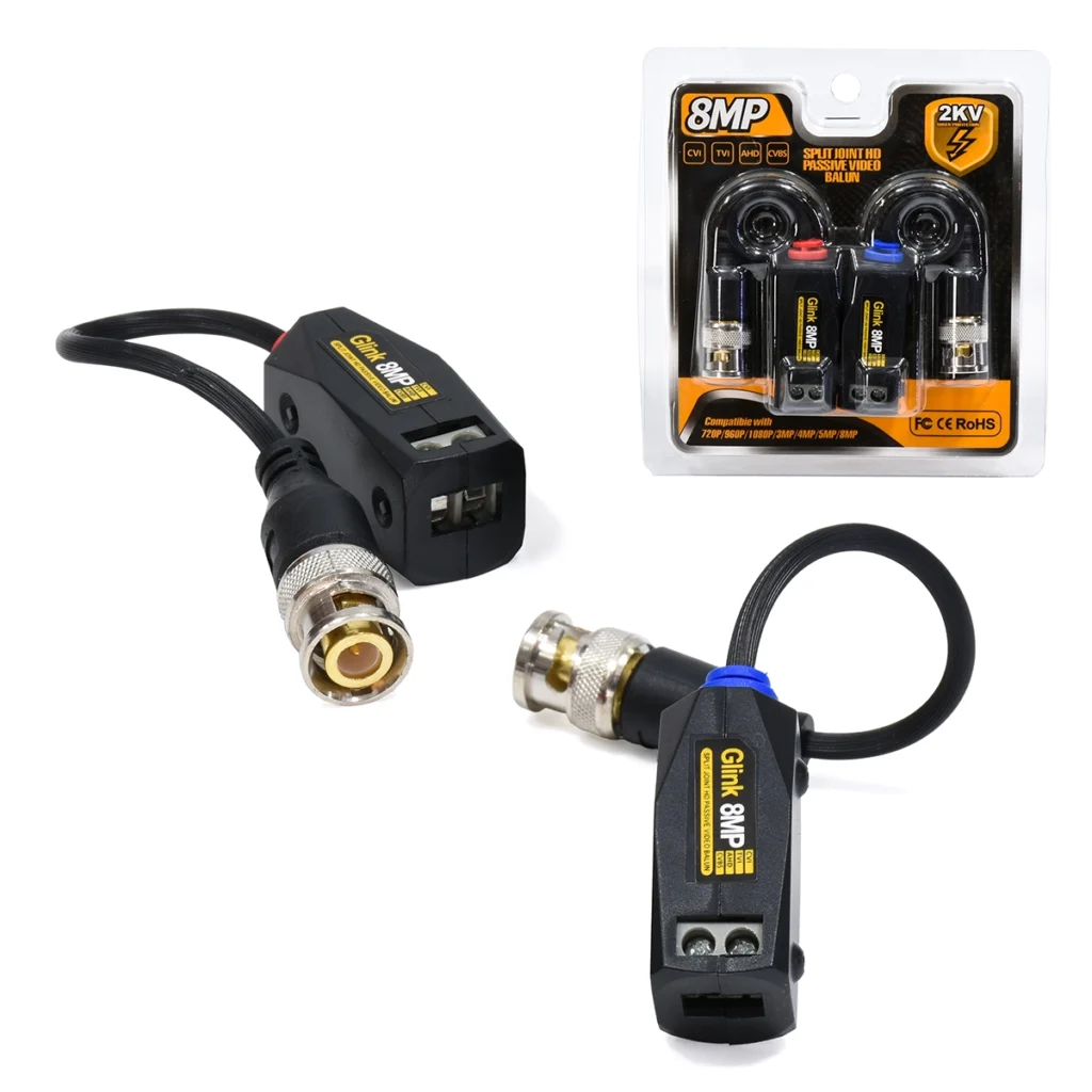 Video Balun HD 8MP (4K) con Pernos Glink GP-GBL-013: ¡Transmisión de Video Profesional y de Larga Distancia!, Par de video baluns pasivos de 8MP Glink GP-GBL-013, mostrando el conector BNC macho en un extremo y los terminales de conexión con pernos en el otro, producto para CCTV de HD Multimedia.