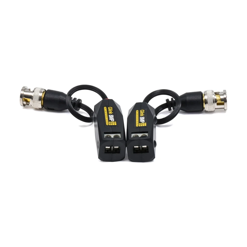Video Balun HD MP K con Pernos Glink GP GBL  Transmisión de Video Profesional y de Larga Distancia Par de video baluns pasivos de MP Glink GP GBL  mostrando el conector BNC macho en un extremo y los terminales de conexión con pernos en el otro producto para CCTV de HD Multimedia